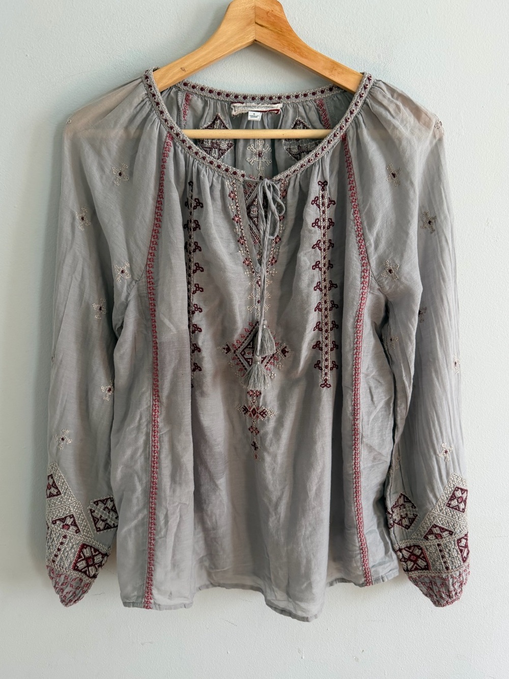 Johnny Was Workshop Embroidered Long Sleeve Silk Cotton Tie Front Top Size S